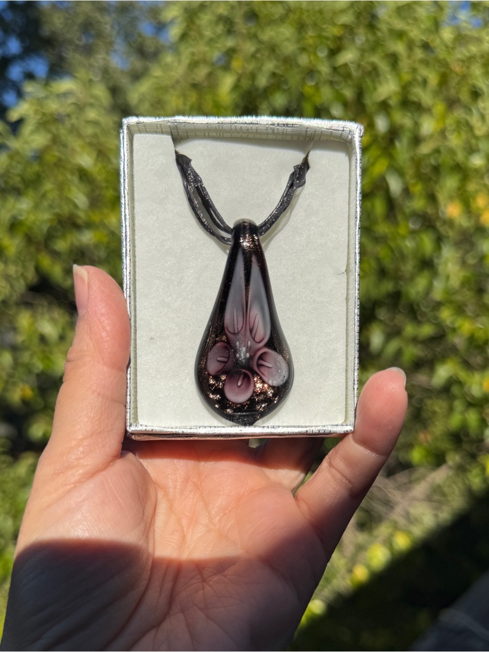 Handcrafted Black and Purple Floral Glass Teardrop Pendant Necklace